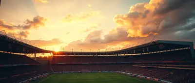 Mid-20s athletic midfielder in dark red and green plain kit, tears in eyes, arms raised in triumph, blurred stadium...
