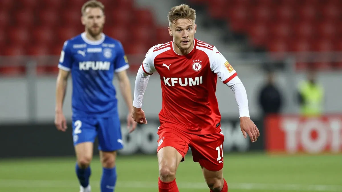 A tight action crop of a KFUM Oslo player in a red jersey with white sleeves, running with the ball, with a blurred...