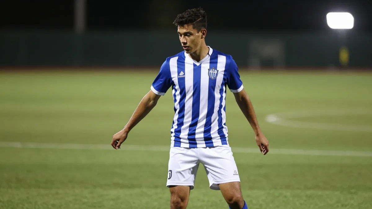 A photorealistic image of a 21-year-old midfielder in a blue and white striped shirt with a white collar and cuffs...