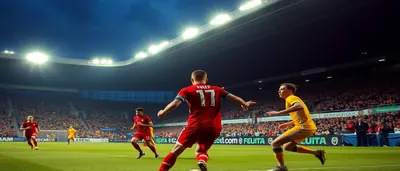 A dramatic night-time match at a modest stadium, anonymous Norwegian forward in a plain white shirt sprinting past a...