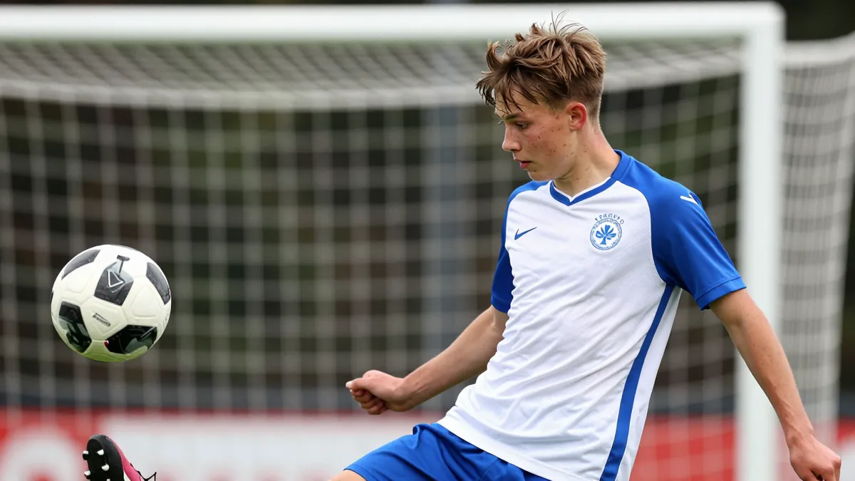 A photorealistic image of a 15-year-old KFUM Oslo player, with a messy brown haircut and a scruffy face, in a white...